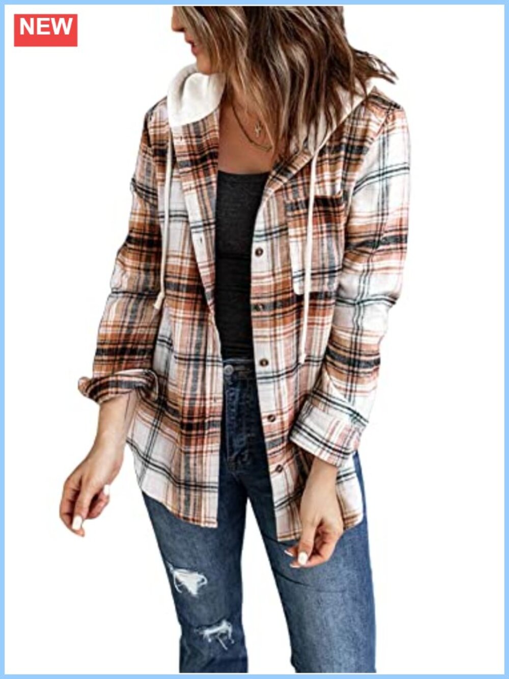 Women's Flannel Hoodie Shacket Plaid Button Down Long Sleeve